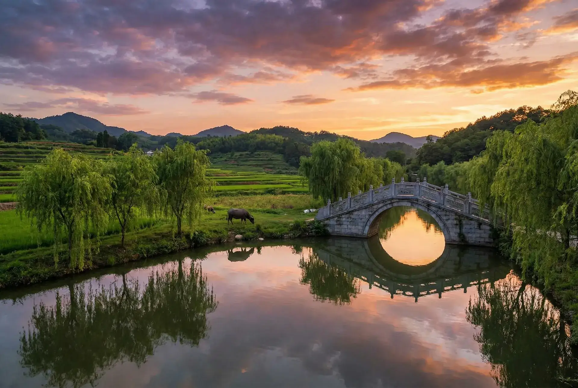 夕阳下的石拱桥与垂柳，水牛在河边吃草 - akiho 乡村美景